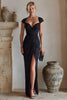 Laden Sie das Bild in den Galerie-Viewer, Schwarz Käppchenärmeln Geraffte Lange Brautmutterkleid mit Schlitz