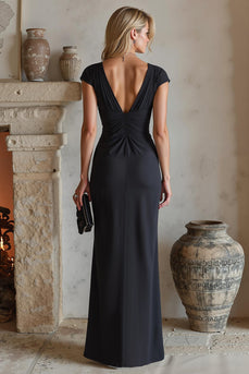 Schwarz Käppchenärmeln Geraffte Lange Brautmutterkleid mit Schlitz