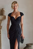 Laden Sie das Bild in den Galerie-Viewer, Schwarz Käppchenärmeln Geraffte Lange Brautmutterkleid mit Schlitz