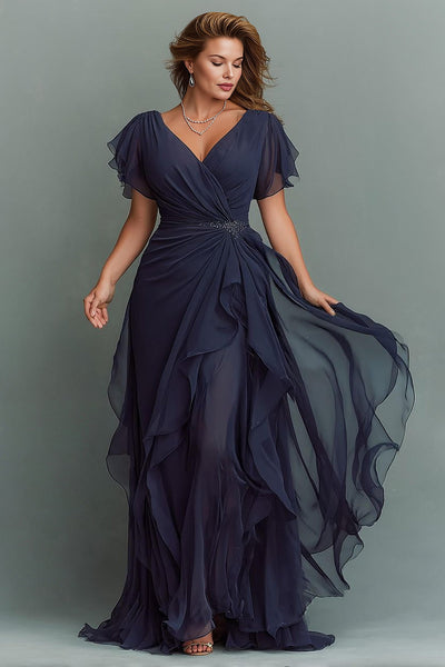 Marineblau Chiffon V-Ausschnitt Geraffte Lange Brautmutterkleid mit Rüschen
