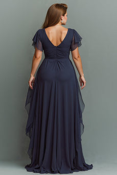Marineblau Chiffon V-Ausschnitt Geraffte Lange Brautmutterkleid mit Rüschen