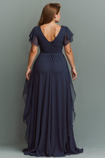 Marineblau Chiffon V-Ausschnitt Geraffte Lange Brautmutterkleid mit Rüschen