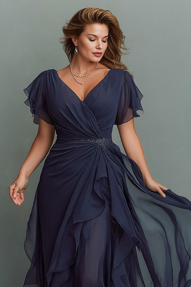Laden Sie das Bild in den Galerie-Viewer, Marineblau Chiffon V-Ausschnitt Geraffte Lange Brautmutterkleid mit Rüschen