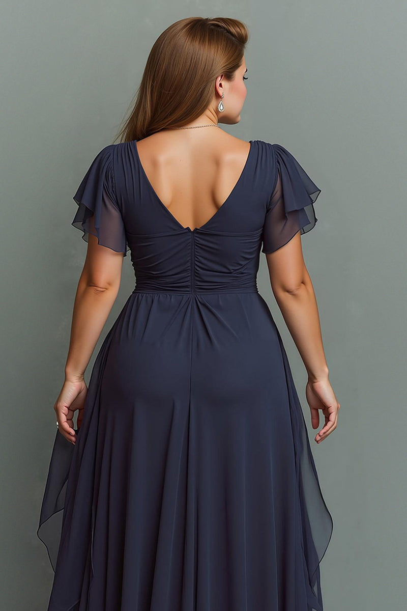 Laden Sie das Bild in den Galerie-Viewer, Marineblau Chiffon V-Ausschnitt Geraffte Lange Brautmutterkleid mit Rüschen
