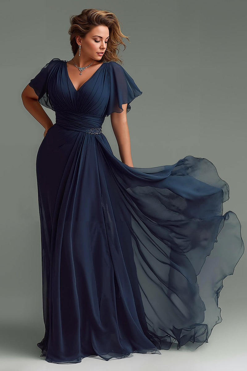 Laden Sie das Bild in den Galerie-Viewer, Marineblau Chiffon V-Ausschnitt Kurze Ärmel Lange Brautmutterkleid