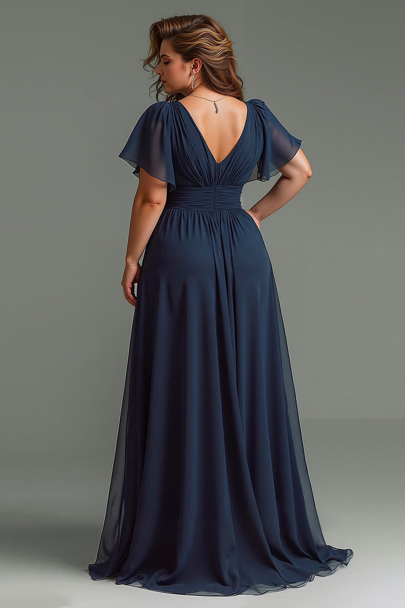 Laden Sie das Bild in den Galerie-Viewer, Marineblau Chiffon V-Ausschnitt Kurze Ärmel Lange Brautmutterkleid