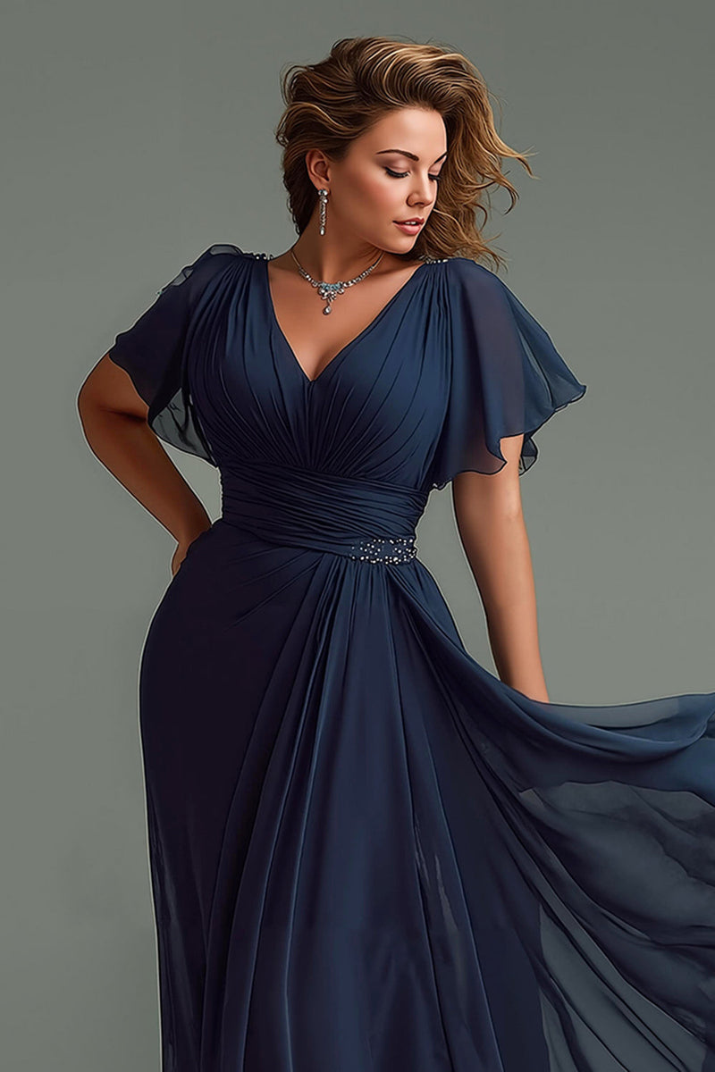Laden Sie das Bild in den Galerie-Viewer, Marineblau Chiffon V-Ausschnitt Kurze Ärmel Lange Brautmutterkleid