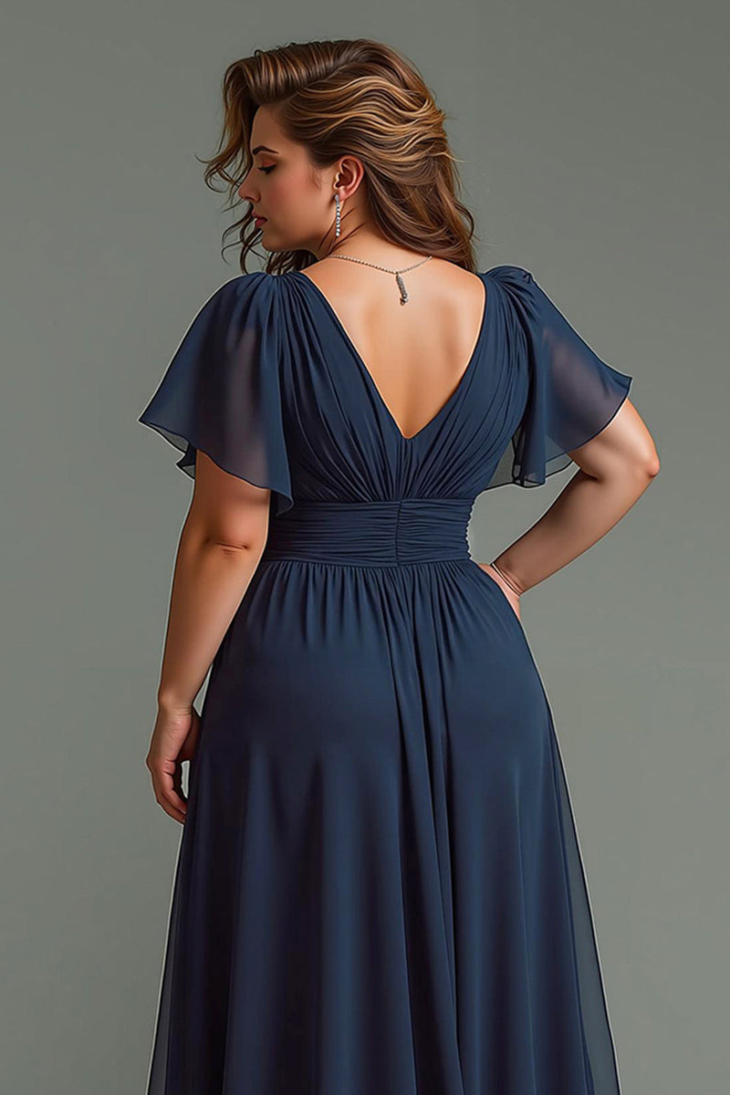 Laden Sie das Bild in den Galerie-Viewer, Marineblau Chiffon V-Ausschnitt Kurze Ärmel Lange Brautmutterkleid