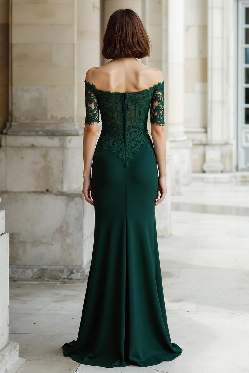 Laden Sie das Bild in den Galerie-Viewer, Kieferngrün Schulterfreie Meerjungfrau Lange Brautmutterkleid mit Applikationen