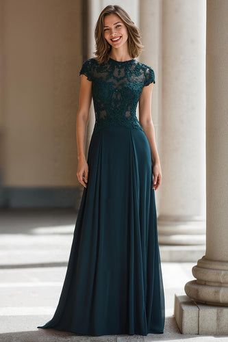 Pfauengrün Rundhalsausschnitt Chiffon A-Line Lange Brautmutterkleid mit Applikationen