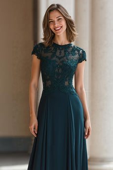 Pfauengrün Rundhalsausschnitt Chiffon A-Line Lange Brautmutterkleid mit Applikationen