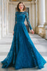 Laden Sie das Bild in den Galerie-Viewer, Tintenblau Rundhalsausschnitt Spitze A-Line Lange Brautmutterkleid mit Ärmel
