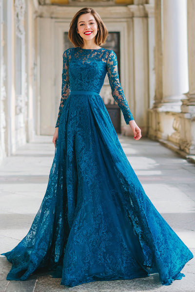 Tintenblau Rundhalsausschnitt Spitze A-Line Lange Brautmutterkleid mit Ärmel
