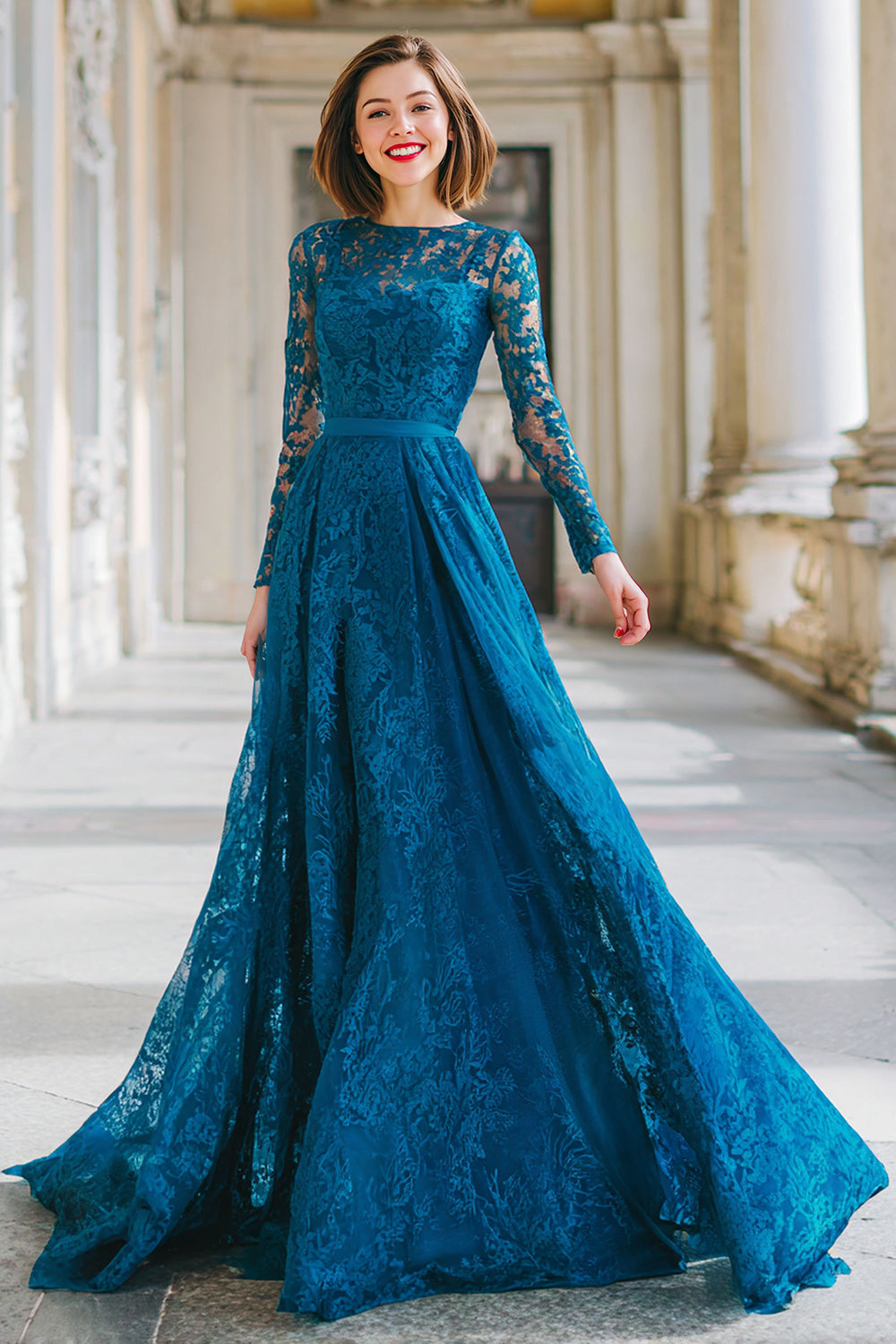 Tintenblau Rundhalsausschnitt Spitze A-Line Lange Brautmutterkleid mit Ärmel