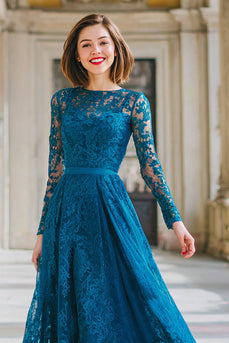 Tintenblau Rundhalsausschnitt Spitze A-Line Lange Brautmutterkleid mit Ärmel