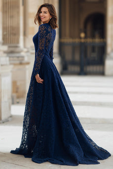 Marineblau Hoher Ausschnitt Spitze A-Line Lange Brautmutterkleid mit Ärmel