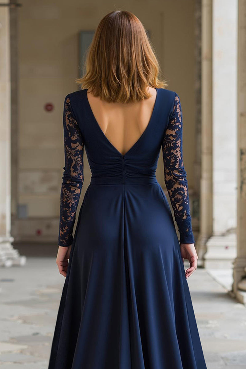 Laden Sie das Bild in den Galerie-Viewer, Marineblau Chiffon V-Ausschnitt A-Line Lange Brautmutterkleid mit Spitze