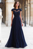 Laden Sie das Bild in den Galerie-Viewer, Marineblau Chiffon Rundhalsausschnitt A-Line Lange Brautmutterkleid mit Applikationen