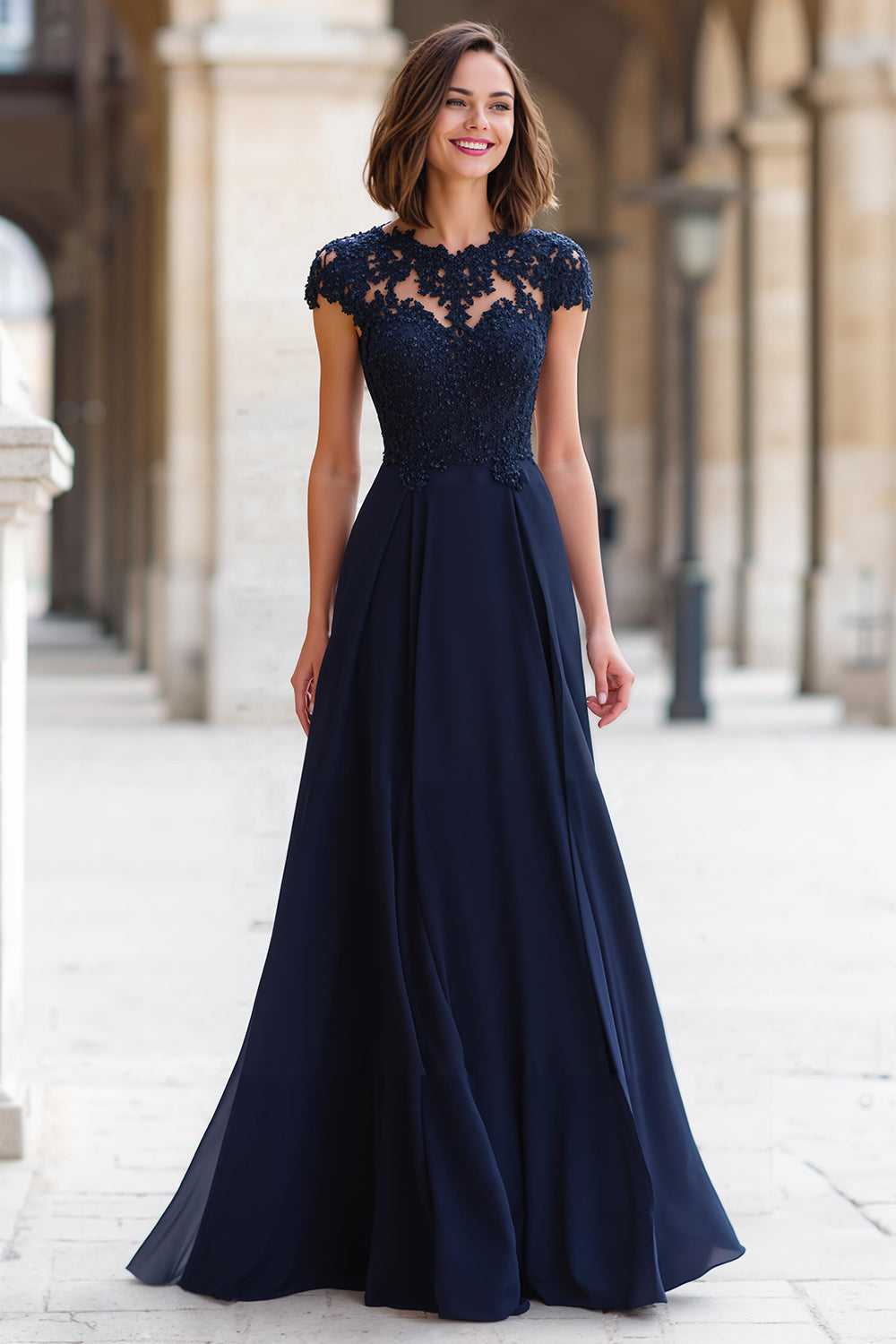 Marineblau Chiffon Rundhalsausschnitt A-Line Lange Brautmutterkleid mit Applikationen