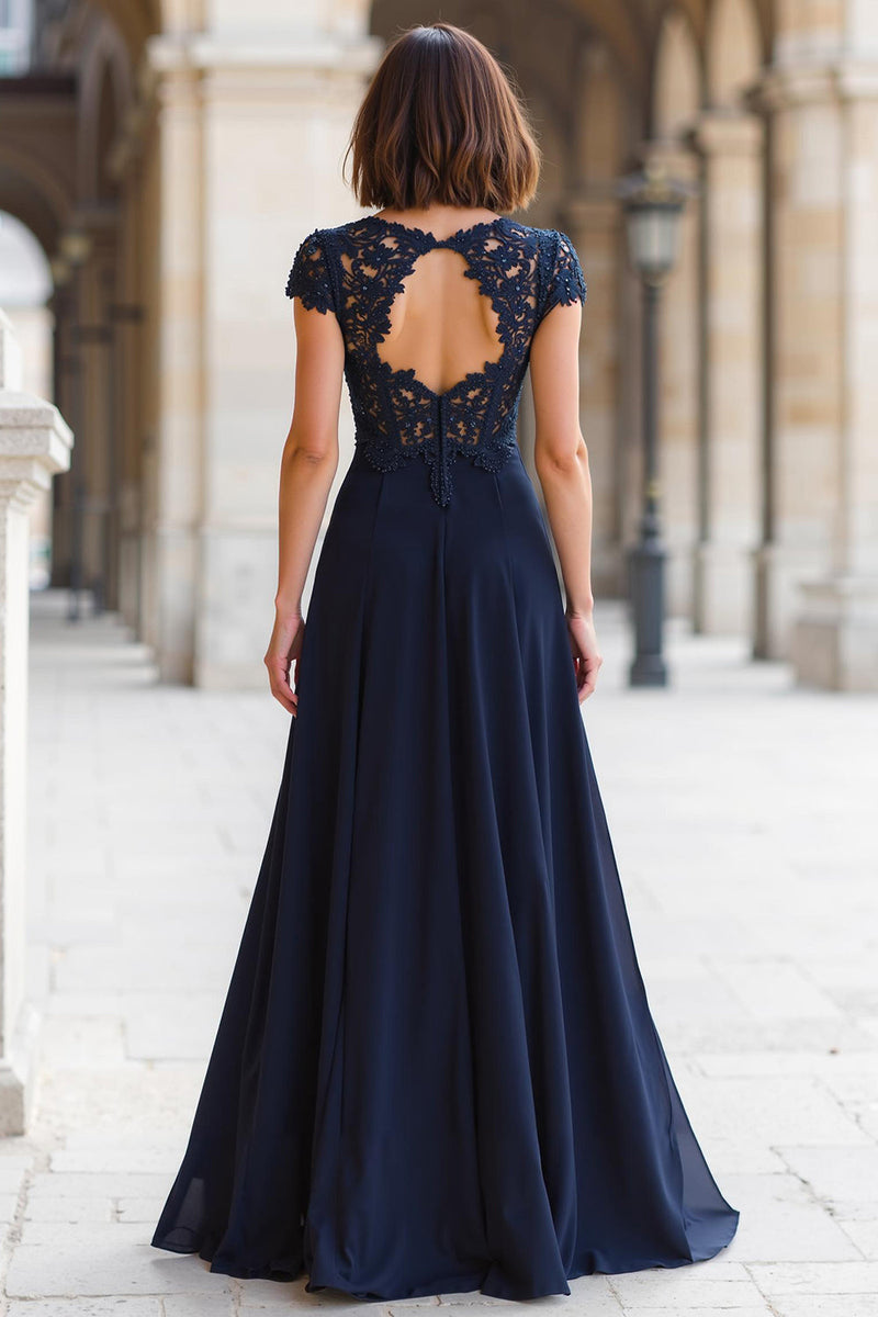 Laden Sie das Bild in den Galerie-Viewer, Marineblau Chiffon Rundhalsausschnitt A-Line Lange Brautmutterkleid mit Applikationen
