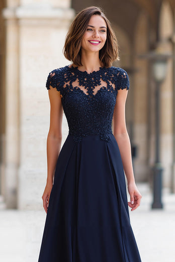 Marineblau Chiffon Rundhalsausschnitt A-Line Lange Brautmutterkleid mit Applikationen