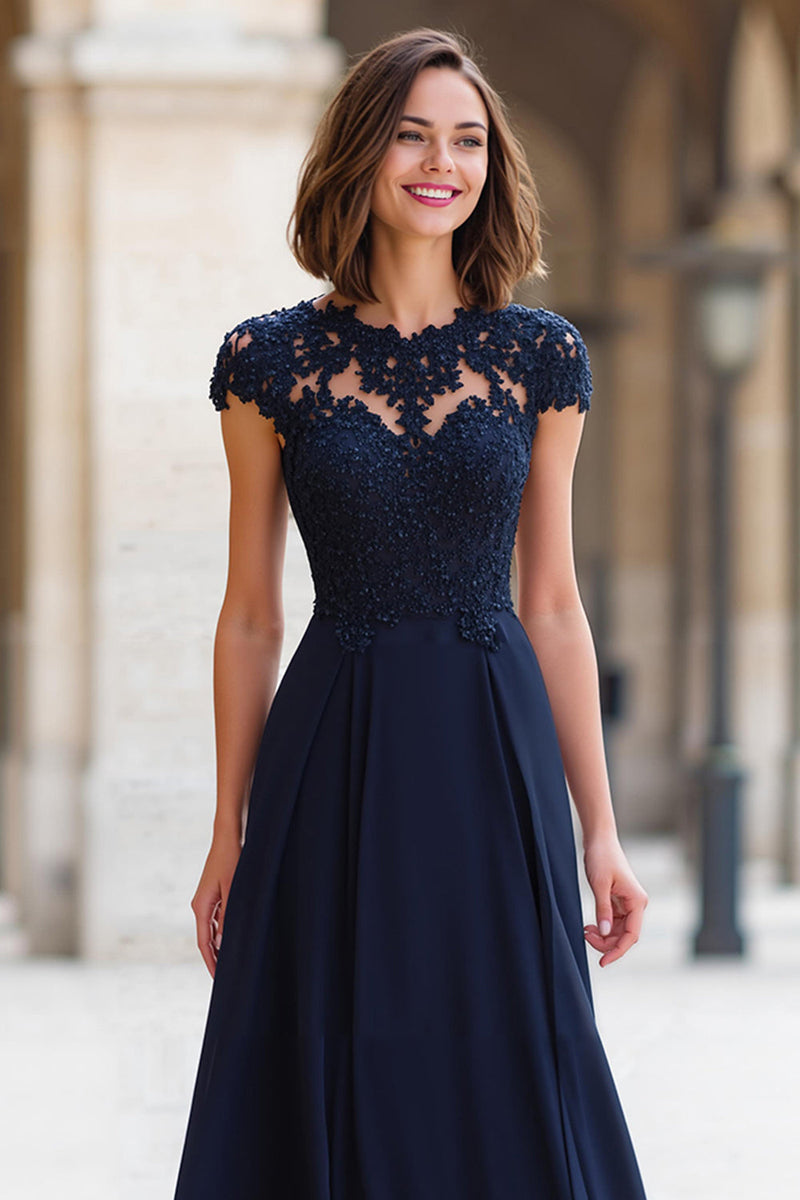 Laden Sie das Bild in den Galerie-Viewer, Marineblau Chiffon Rundhalsausschnitt A-Line Lange Brautmutterkleid mit Applikationen