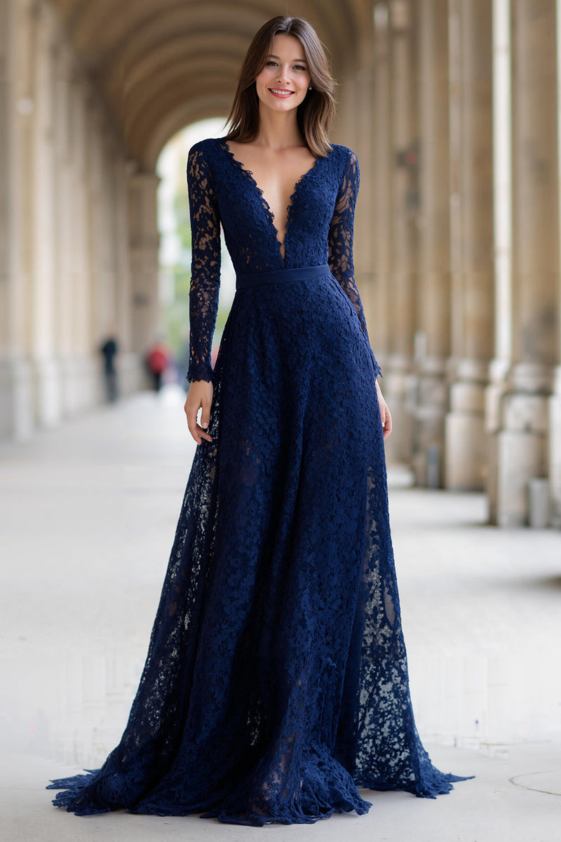 Laden Sie das Bild in den Galerie-Viewer, Marineblau A-Linie V-Ausschnitt Lange Ärmel Spitze Lange Brautmutterkleid