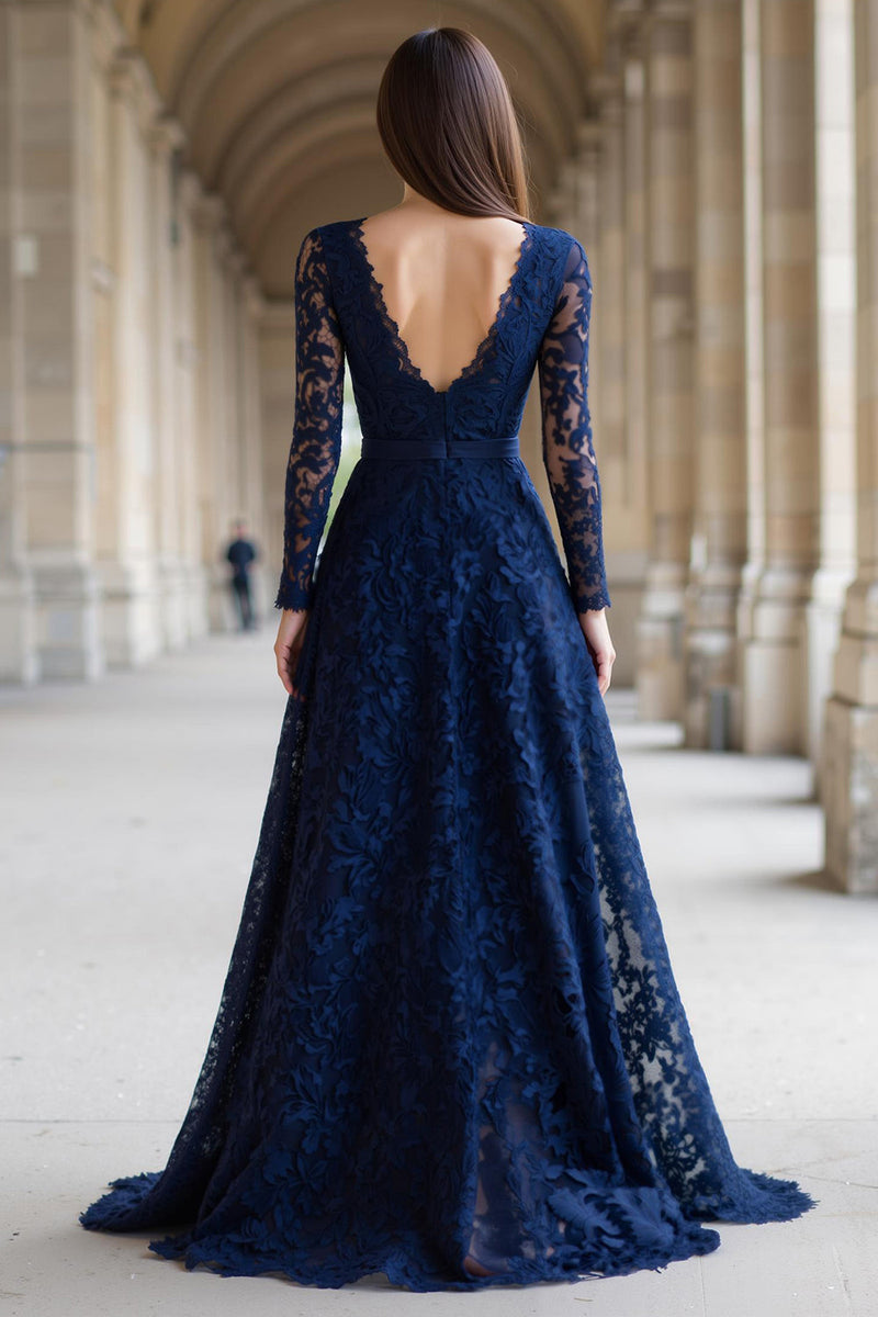 Laden Sie das Bild in den Galerie-Viewer, Marineblau A-Linie V-Ausschnitt Lange Ärmel Spitze Lange Brautmutterkleid