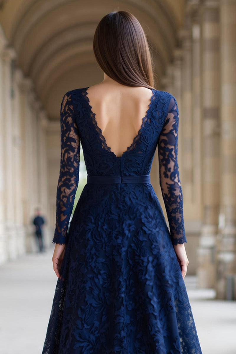 Laden Sie das Bild in den Galerie-Viewer, Marineblau A-Linie V-Ausschnitt Lange Ärmel Spitze Lange Brautmutterkleid