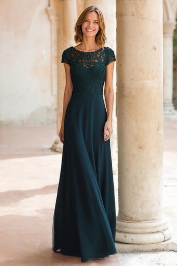 Pfauengrün Rundhalsausschnitt Chiffon A-Linie Lange Brautmutterkleid mit Ärmel