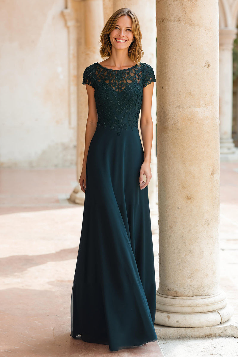 Laden Sie das Bild in den Galerie-Viewer, Pfauengrün Rundhalsausschnitt Chiffon A-Linie Lange Brautmutterkleid mit Ärmel
