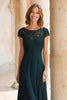 Laden Sie das Bild in den Galerie-Viewer, Pfauengrün Rundhalsausschnitt Chiffon A-Linie Lange Brautmutterkleid mit Ärmel