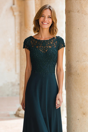 Pfauengrün Rundhalsausschnitt Chiffon A-Linie Lange Brautmutterkleid mit Ärmel