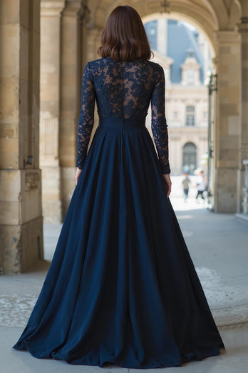 Marineblau Hoher Ausschnitt Lange Ärmel Chiffon A-Linie Maxi Brautmutterkleid mit Spitze