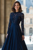 Laden Sie das Bild in den Galerie-Viewer, Marineblau Hoher Ausschnitt Lange Ärmel Chiffon A-Linie Maxi Brautmutterkleid mit Spitze