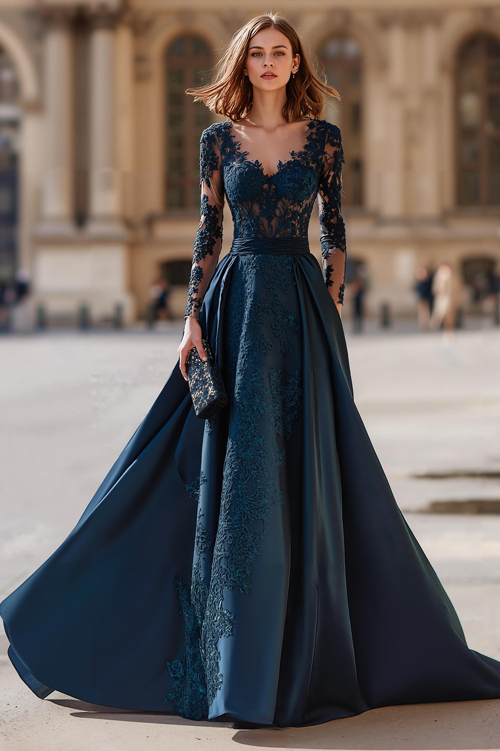 Marineblau V-Ausschnitt Lange Ärmel A-Linie Maxi Brautmutterkleid mit Spitze