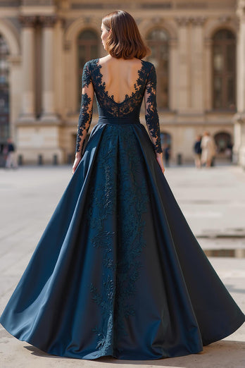 Marineblau V-Ausschnitt Lange Ärmel A-Linie Maxi Brautmutterkleid mit Spitze