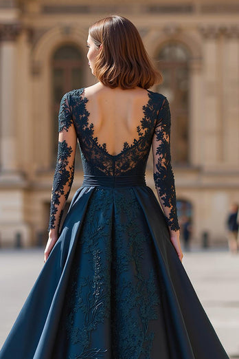 Marineblau V-Ausschnitt Lange Ärmel A-Linie Maxi Brautmutterkleid mit Spitze