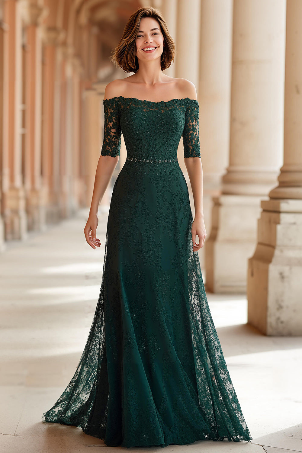 Dunkelgrün Schulterfreie Spitze A-Linie Lange Brautmutterkleid mit Ärmel