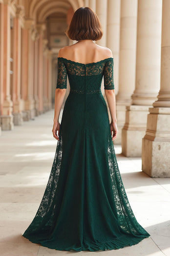 Dunkelgrün Schulterfreie Spitze A-Linie Lange Brautmutterkleid mit Ärmel