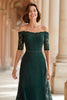 Laden Sie das Bild in den Galerie-Viewer, Dunkelgrün Schulterfreie Spitze A-Linie Lange Brautmutterkleid mit Ärmel