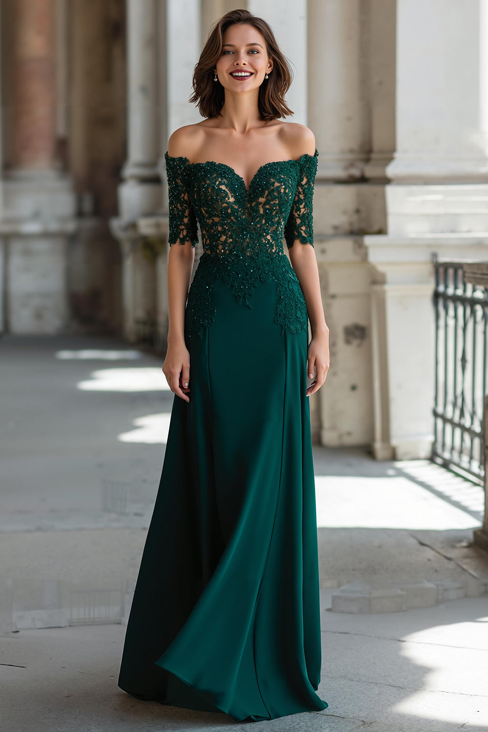 Dunkelgrün Schulterfreie Chiffon Etui Lange Brautmutterkleid mit Spitze