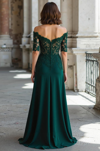 Dunkelgrün Schulterfreie Chiffon Etui Lange Brautmutterkleid mit Spitze