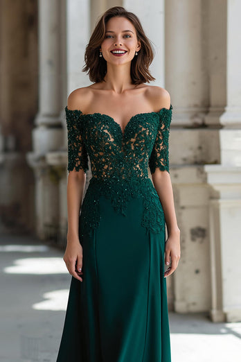 Dunkelgrün Schulterfreie Chiffon Etui Lange Brautmutterkleid mit Spitze
