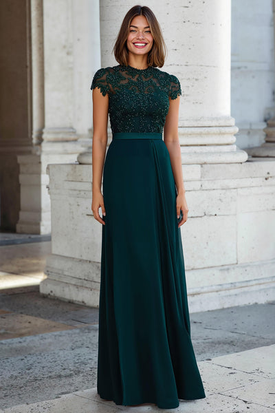Pfauengrün Rundhalsausschnitt Chiffon A-Line Lange Brautmutterkleid mit Perlen