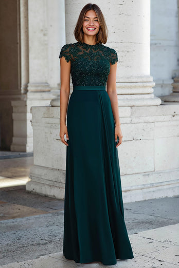 Pfauengrün Rundhalsausschnitt Chiffon A-Line Lange Brautmutterkleid mit Perlen