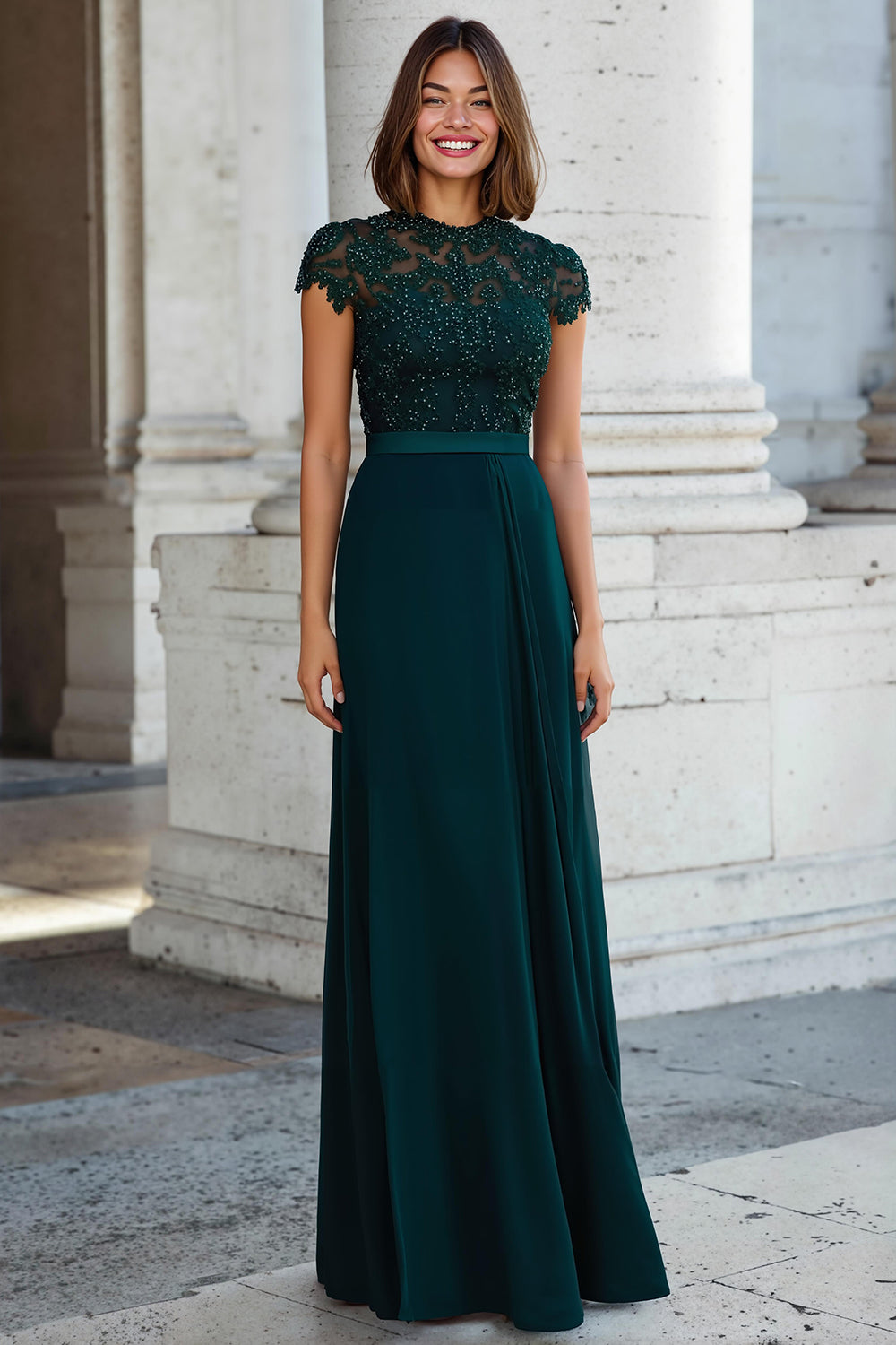 Pfauengrün Rundhalsausschnitt Chiffon A-Line Lange Brautmutterkleid mit Perlen