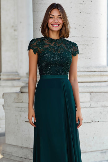 Pfauengrün Rundhalsausschnitt Chiffon A-Line Lange Brautmutterkleid mit Perlen