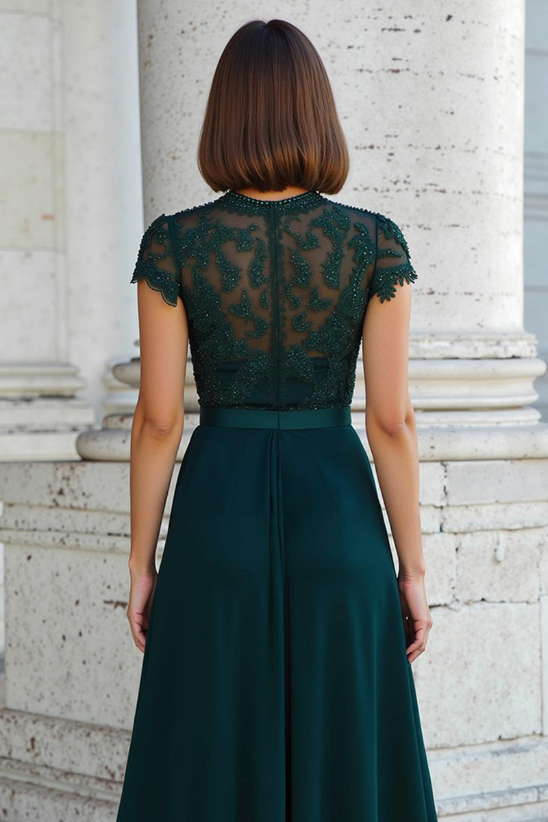Laden Sie das Bild in den Galerie-Viewer, Pfauengrün Rundhalsausschnitt Chiffon A-Line Lange Brautmutterkleid mit Perlen