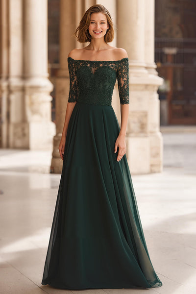 Kieferngrün Schulterfreie Chiffon A-Linie Lange Brautmutterkleid mit Spitze